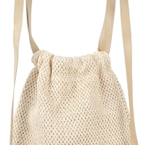 Women Straw Woven Small Backpack Drawstring Shoulder Bag for Daily Use - Picture 4 of 7